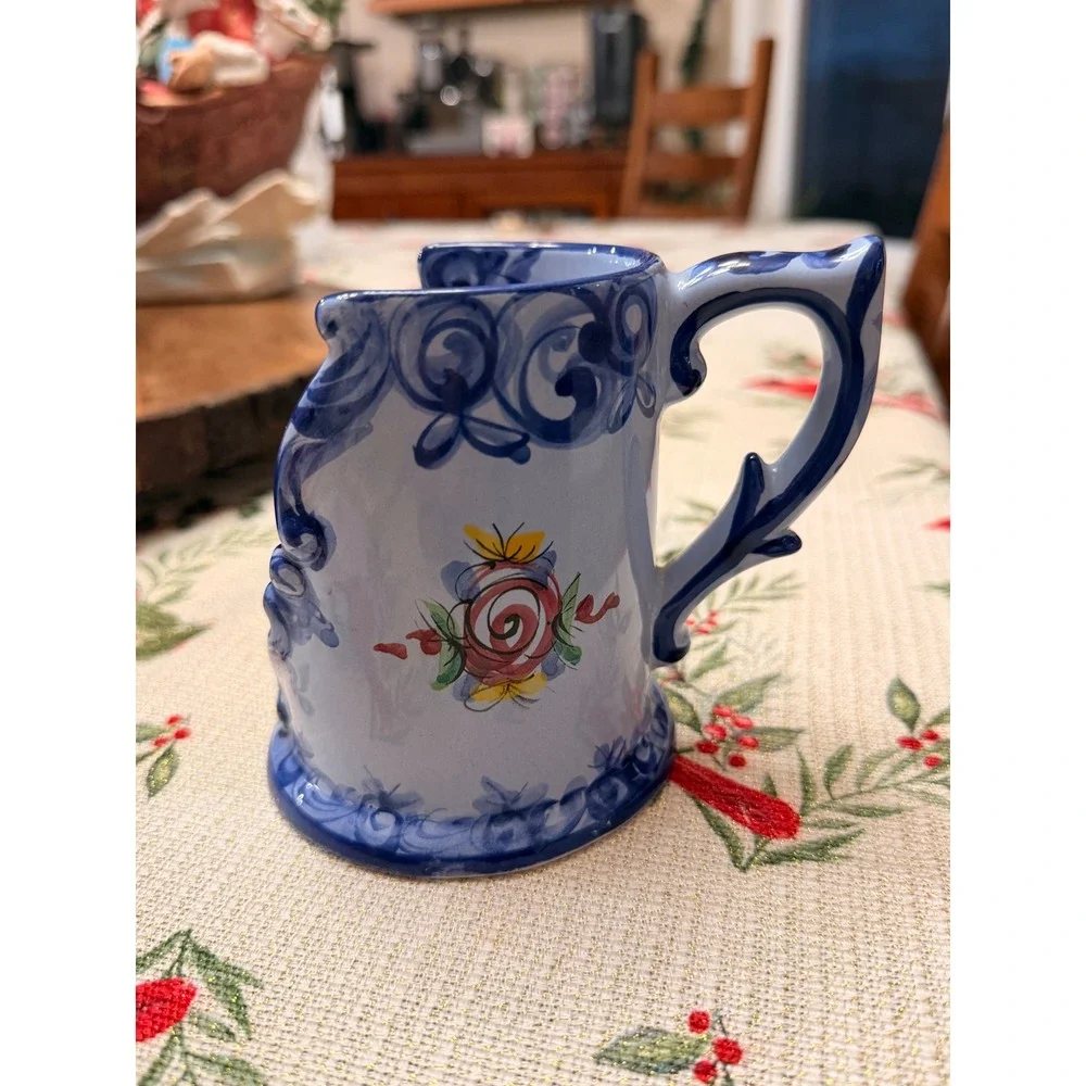 Vestal Portugal Hand Painted Ceramic Candle Holder Blue White Floral 